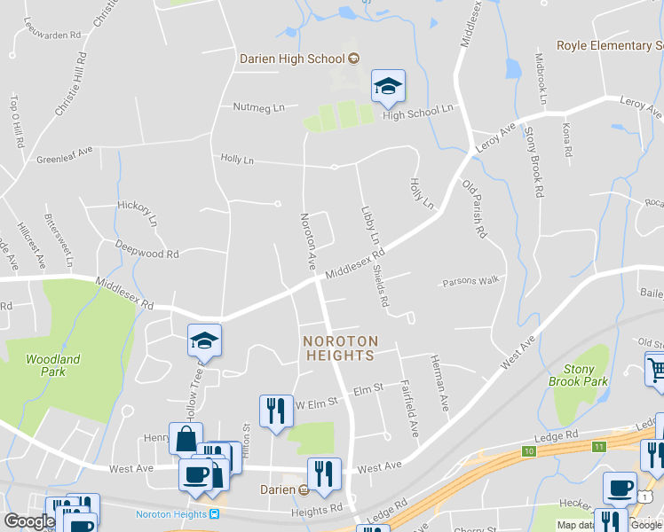 map of restaurants, bars, coffee shops, grocery stores, and more near 210 Middlesex Road in Darien