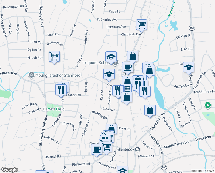 map of restaurants, bars, coffee shops, grocery stores, and more near 59 Derwen Street in Stamford