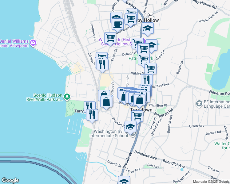 map of restaurants, bars, coffee shops, grocery stores, and more near 126 Main Street in Tarrytown