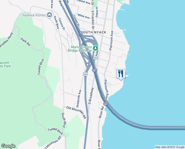map of restaurants, bars, coffee shops, grocery stores, and more near 315 South Broadway in Nyack