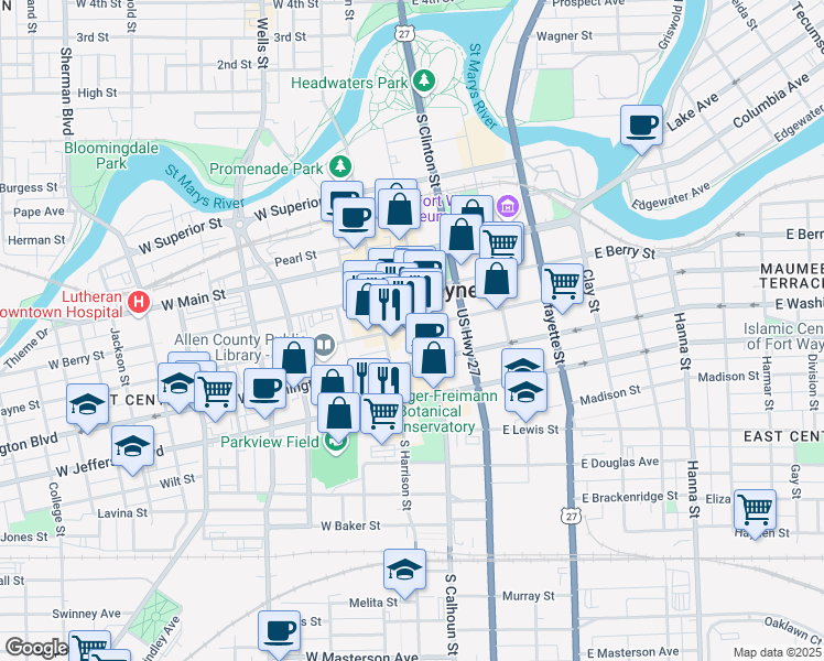 map of restaurants, bars, coffee shops, grocery stores, and more near 122 West Washington Boulevard in Fort Wayne
