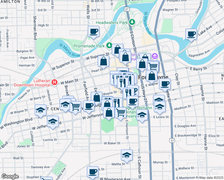 map of restaurants, bars, coffee shops, grocery stores, and more near 219 West Wayne Street in Fort Wayne