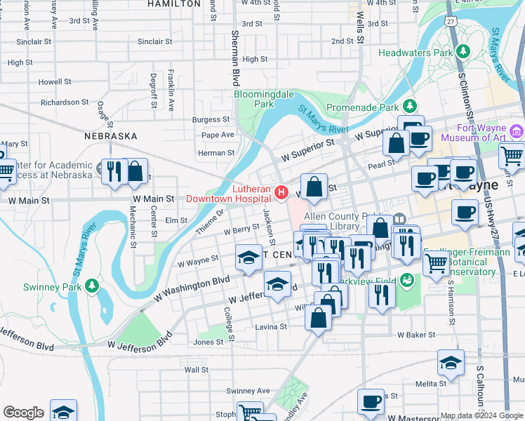 map of restaurants, bars, coffee shops, grocery stores, and more near 924 West Berry Street in Fort Wayne