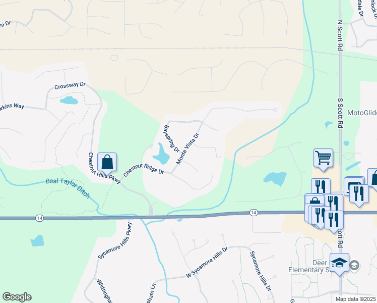 map of restaurants, bars, coffee shops, grocery stores, and more near 729-799 Monte Vista Dr in Fort Wayne
