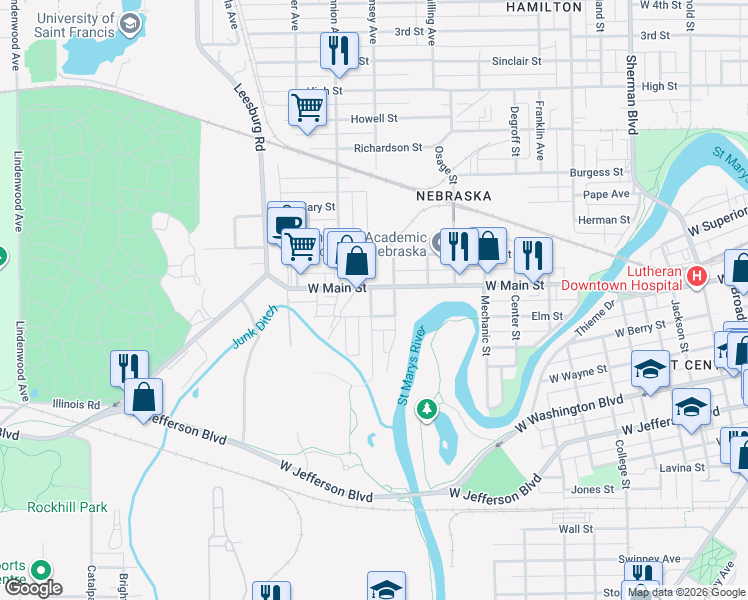 map of restaurants, bars, coffee shops, grocery stores, and more near 1715 Illinois Street in Fort Wayne