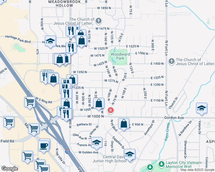 map of restaurants, bars, coffee shops, grocery stores, and more near 124 West 1225 North in Layton