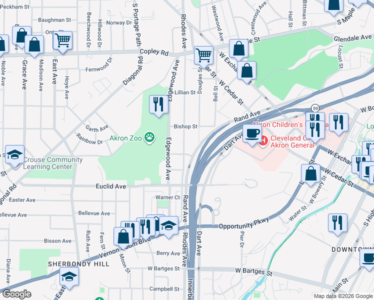 map of restaurants, bars, coffee shops, grocery stores, and more near 593 Rhodes Avenue in Akron