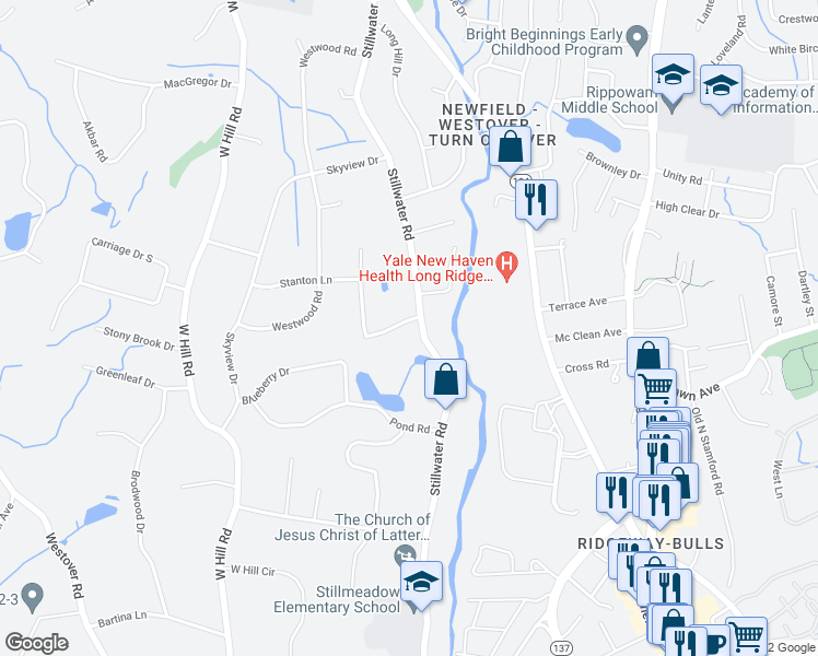 map of restaurants, bars, coffee shops, grocery stores, and more near 1052 Stillwater Road in Stamford