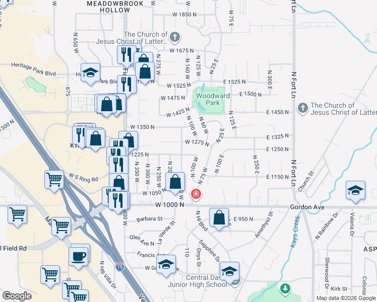 map of restaurants, bars, coffee shops, grocery stores, and more near 1196 North 100 East in Layton