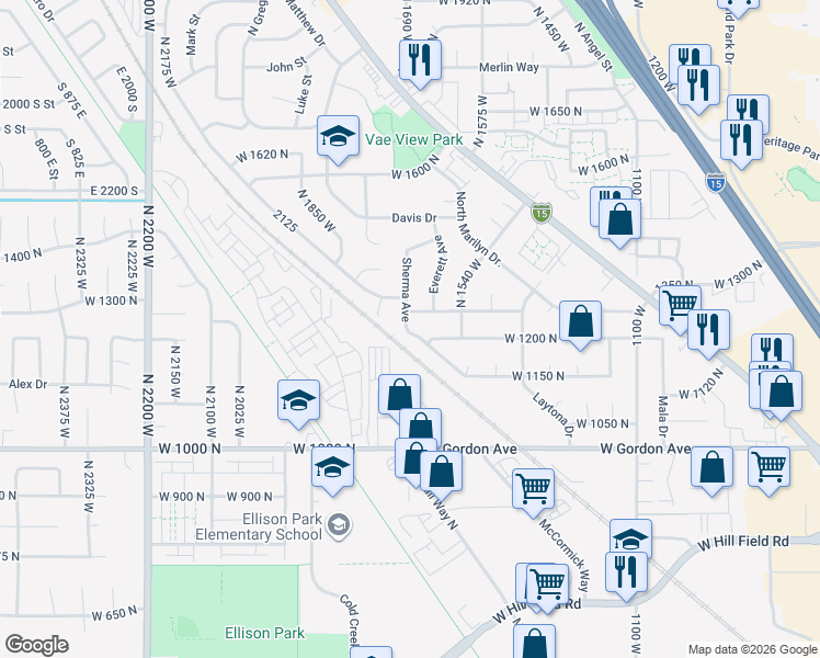 map of restaurants, bars, coffee shops, grocery stores, and more near 1193 Sherma Avenue in Layton