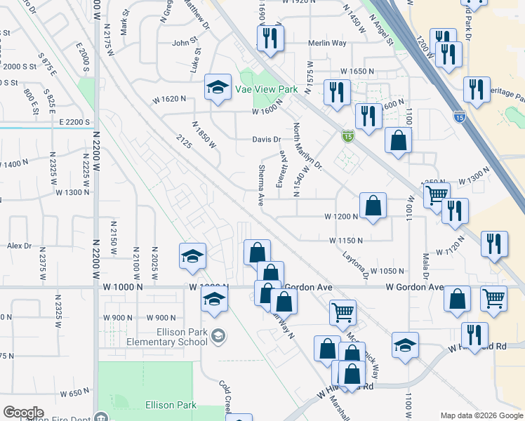 map of restaurants, bars, coffee shops, grocery stores, and more near 1105 North 1600 West in Layton