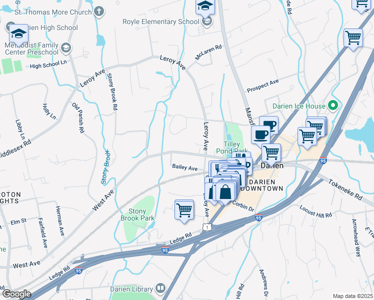 map of restaurants, bars, coffee shops, grocery stores, and more near 10 Bailey Avenue in Darien