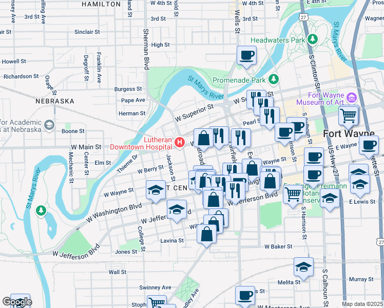 map of restaurants, bars, coffee shops, grocery stores, and more near 800 Broadway in Fort Wayne