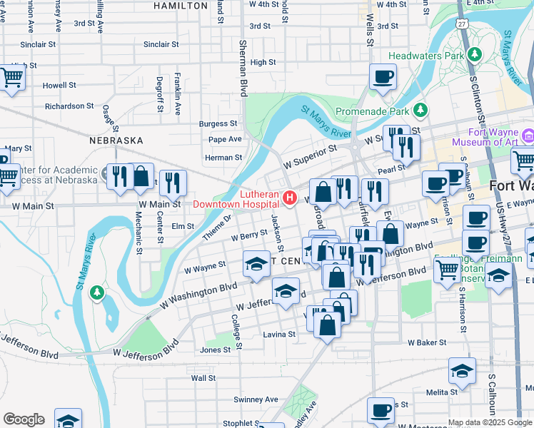 map of restaurants, bars, coffee shops, grocery stores, and more near 924 West Berry Street in Fort Wayne