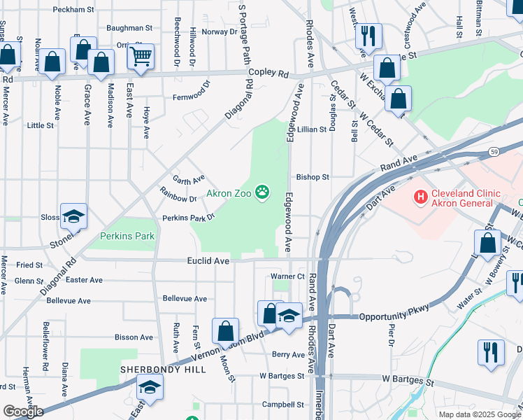 map of restaurants, bars, coffee shops, grocery stores, and more near 500 Edgewood Avenue in Akron