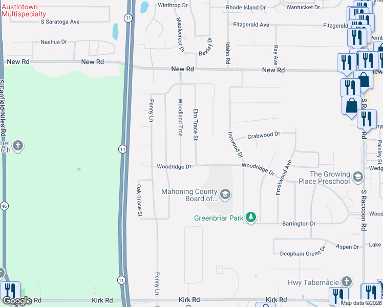 map of restaurants, bars, coffee shops, grocery stores, and more near 2250 Elm Trace Street in Youngstown