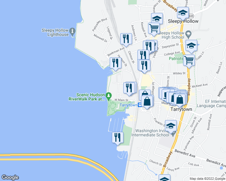 map of restaurants, bars, coffee shops, grocery stores, and more near 163 West Main Street in Tarrytown