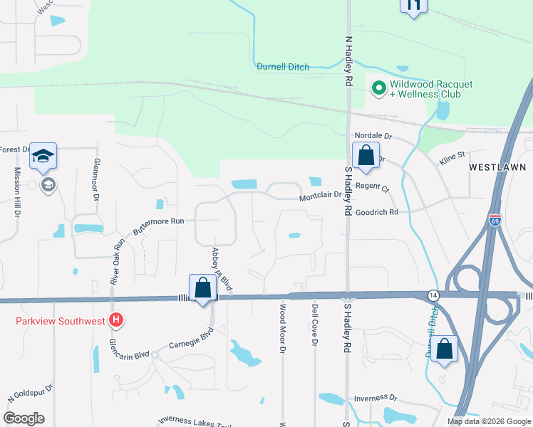 map of restaurants, bars, coffee shops, grocery stores, and more near 613 Tattersholl Court in Fort Wayne