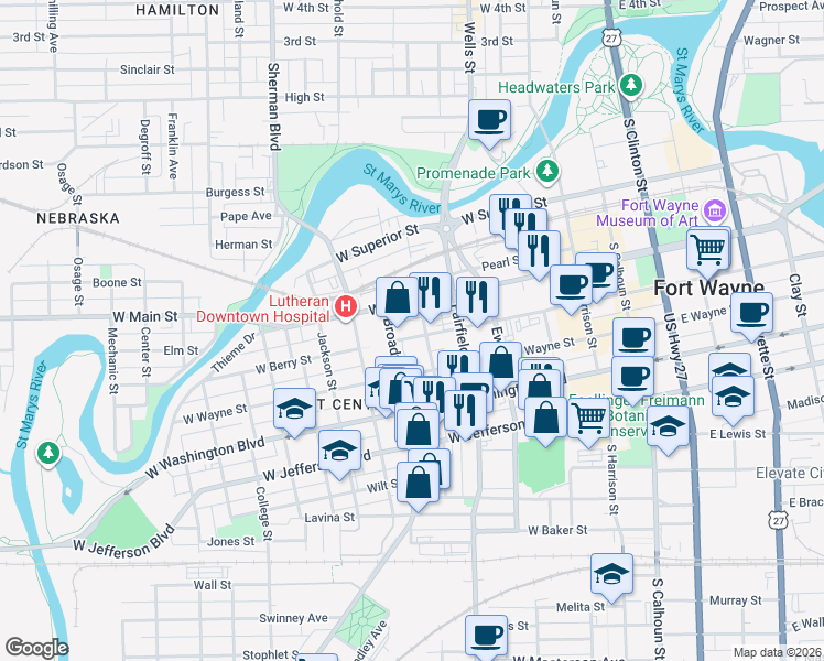 map of restaurants, bars, coffee shops, grocery stores, and more near 818 Fulton Street in Fort Wayne