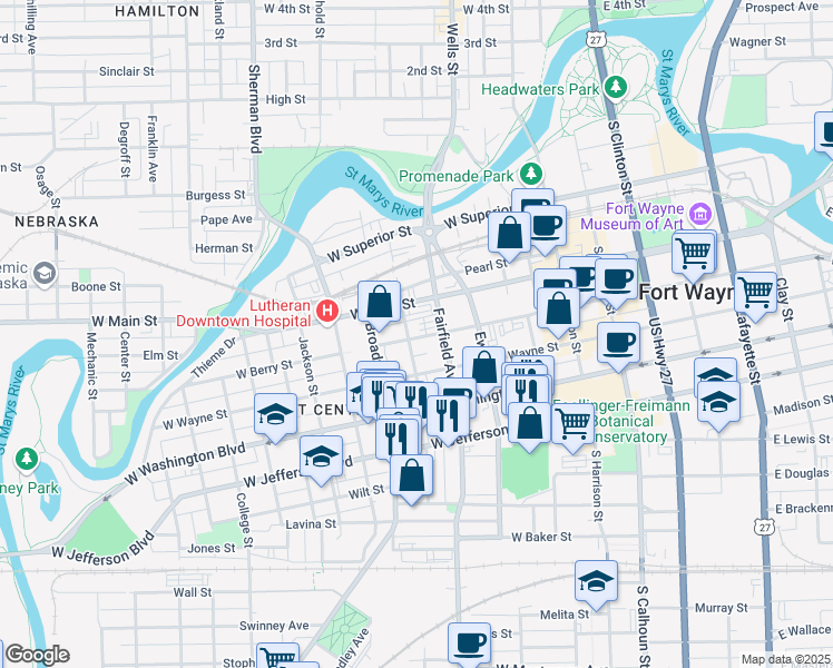 map of restaurants, bars, coffee shops, grocery stores, and more near 818 Fulton Street in Fort Wayne