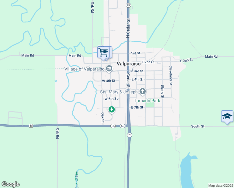 map of restaurants, bars, coffee shops, grocery stores, and more near 633 Pine Street in Valparaiso