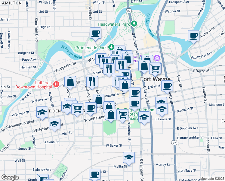 map of restaurants, bars, coffee shops, grocery stores, and more near 855 Webster Street in Fort Wayne