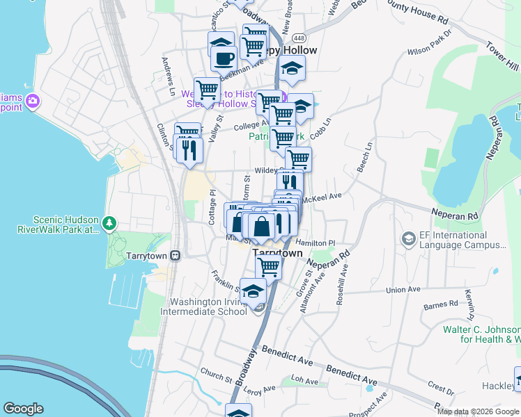 map of restaurants, bars, coffee shops, grocery stores, and more near 69 North Washington Street in Tarrytown