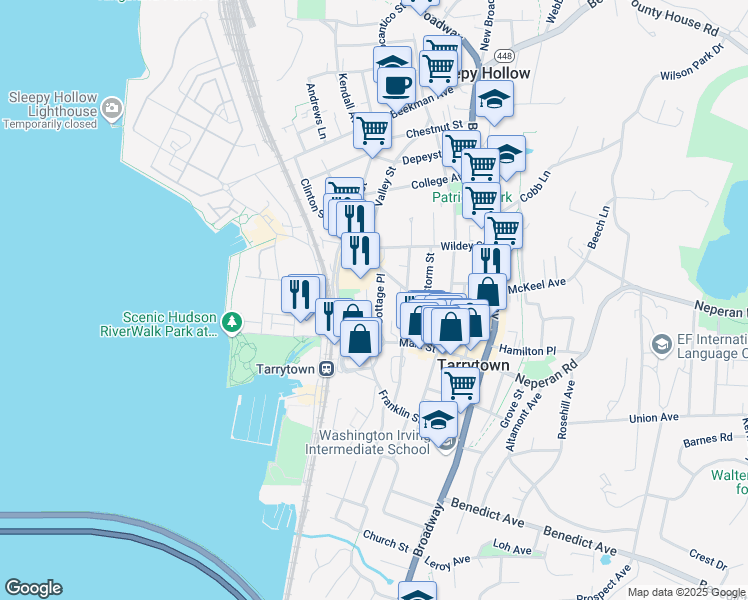 map of restaurants, bars, coffee shops, grocery stores, and more near 47 Cottage Place in Tarrytown