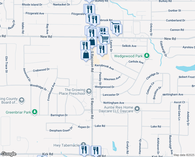map of restaurants, bars, coffee shops, grocery stores, and more near 1786 Paisley Street in Youngstown