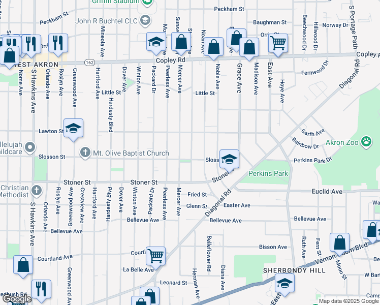 map of restaurants, bars, coffee shops, grocery stores, and more near 860 Storer Avenue in Akron