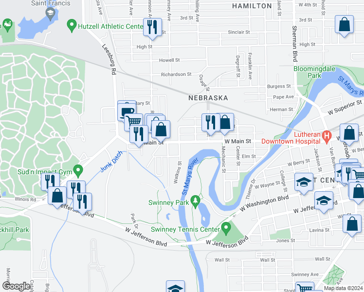 map of restaurants, bars, coffee shops, grocery stores, and more near 1616 West Main Street in Fort Wayne