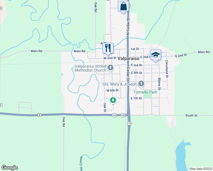 map of restaurants, bars, coffee shops, grocery stores, and more near 422 South Oak Street in Valparaiso