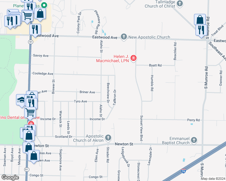 map of restaurants, bars, coffee shops, grocery stores, and more near 739 Beechview Drive in Akron