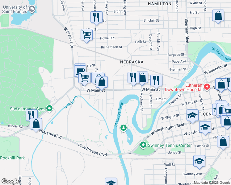 map of restaurants, bars, coffee shops, grocery stores, and more near 1633 West Main Street in Fort Wayne