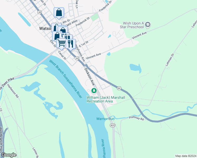 map of restaurants, bars, coffee shops, grocery stores, and more near 31 South Main Street in Watsontown