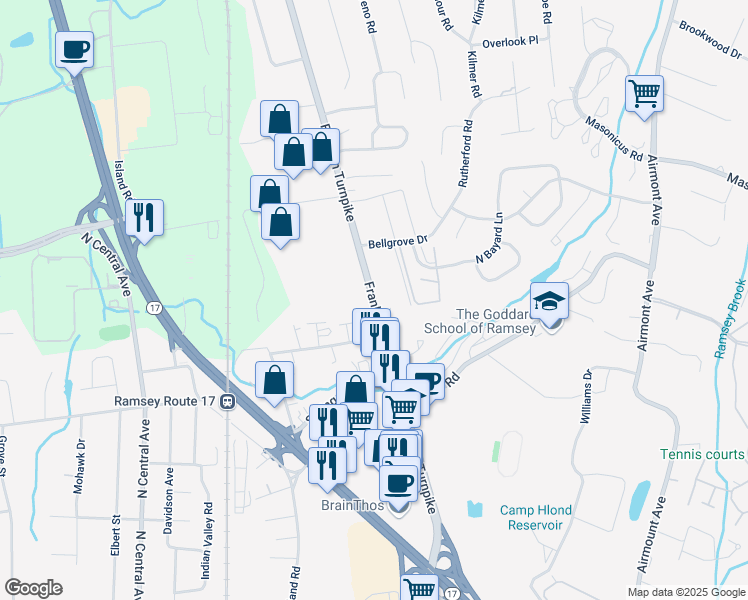 map of restaurants, bars, coffee shops, grocery stores, and more near 441 East Franklin Turnpike in Mahwah