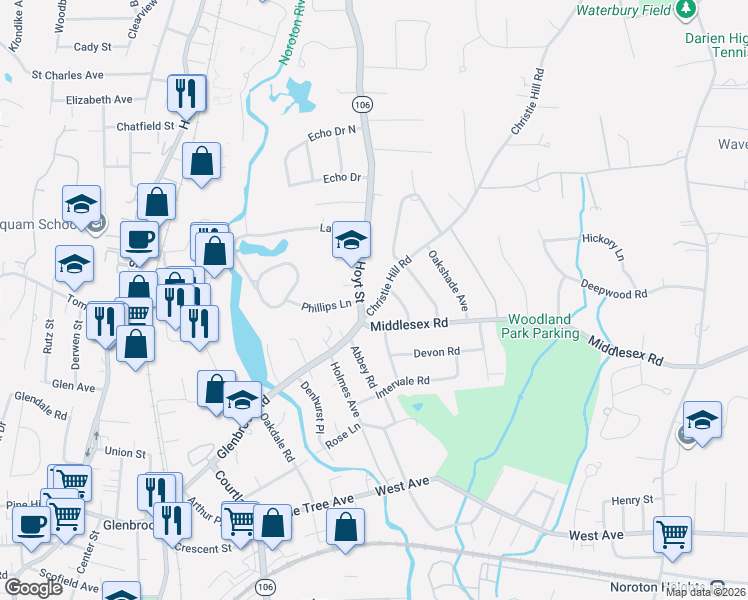 map of restaurants, bars, coffee shops, grocery stores, and more near 15 Connecticut 106 in Darien