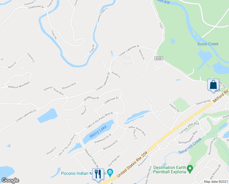 map of restaurants, bars, coffee shops, grocery stores, and more near 2323 Woodcrest Drive in East Stroudsburg