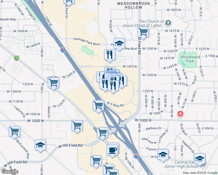 map of restaurants, bars, coffee shops, grocery stores, and more near 1076 Layton Hills Parkway in Layton