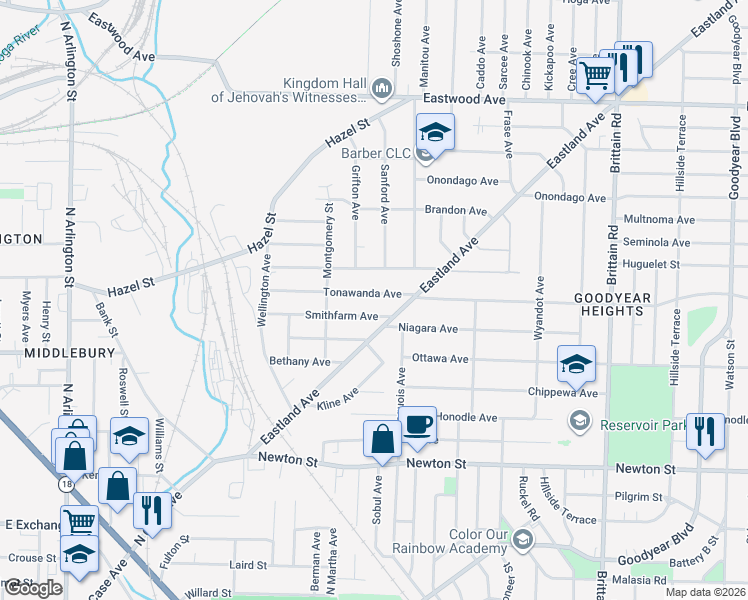 map of restaurants, bars, coffee shops, grocery stores, and more near 1224 Arnold Avenue in Akron