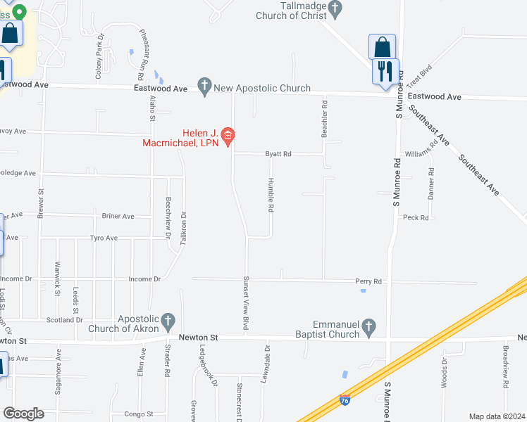 map of restaurants, bars, coffee shops, grocery stores, and more near 808 Humble Road in Tallmadge