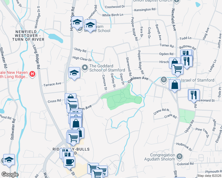 map of restaurants, bars, coffee shops, grocery stores, and more near 26 Dartley Street in Stamford