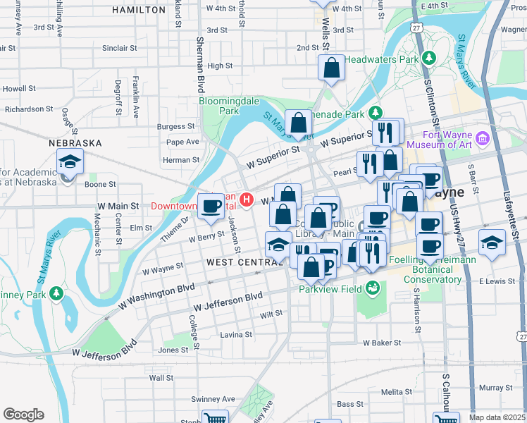 map of restaurants, bars, coffee shops, grocery stores, and more near 700 Broadway in Fort Wayne