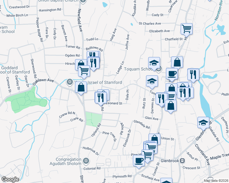map of restaurants, bars, coffee shops, grocery stores, and more near 181 Toms Road in Stamford