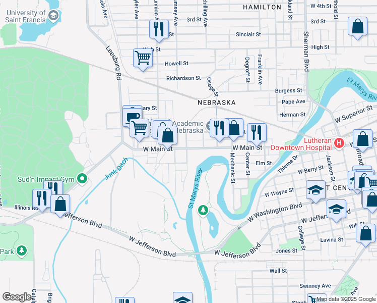 map of restaurants, bars, coffee shops, grocery stores, and more near 1714 West Main Street in Fort Wayne