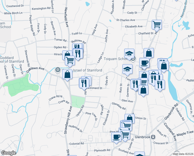 map of restaurants, bars, coffee shops, grocery stores, and more near 181 Toms Road in Stamford
