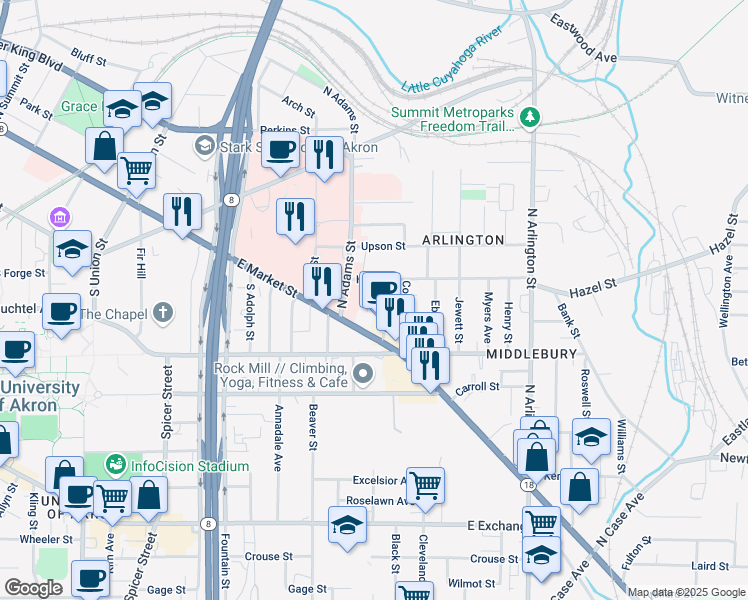 map of restaurants, bars, coffee shops, grocery stores, and more near in Akron