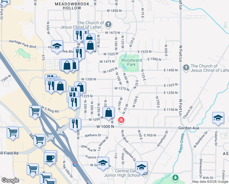 map of restaurants, bars, coffee shops, grocery stores, and more near 158 West 1275 North in Layton