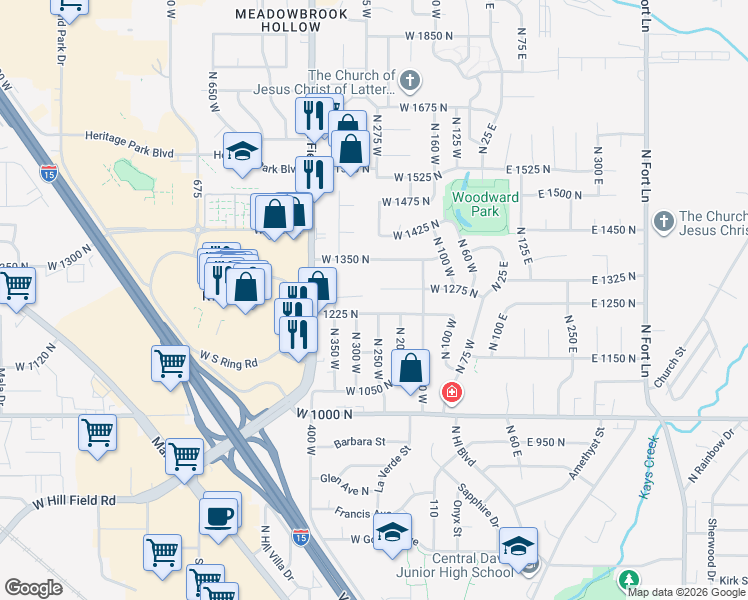 map of restaurants, bars, coffee shops, grocery stores, and more near 242 West 1275 North in Layton