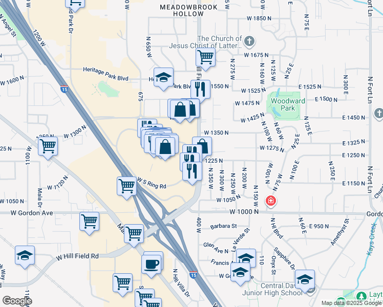 map of restaurants, bars, coffee shops, grocery stores, and more near 1332 Utah 232 in Layton